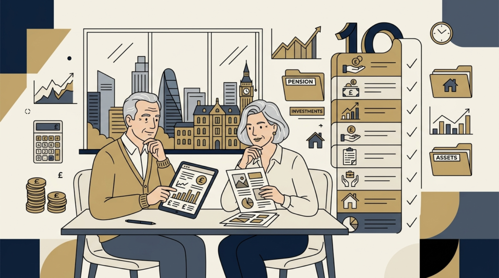 Retirement tax planning illustration showing pension, paperwork and HMRC themes, flat vector editorial style for Kent Tax Specialists